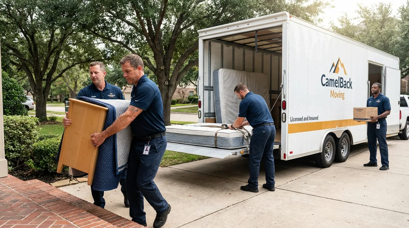 Crew loading residential truck for cross-state move from Woburn, MA
