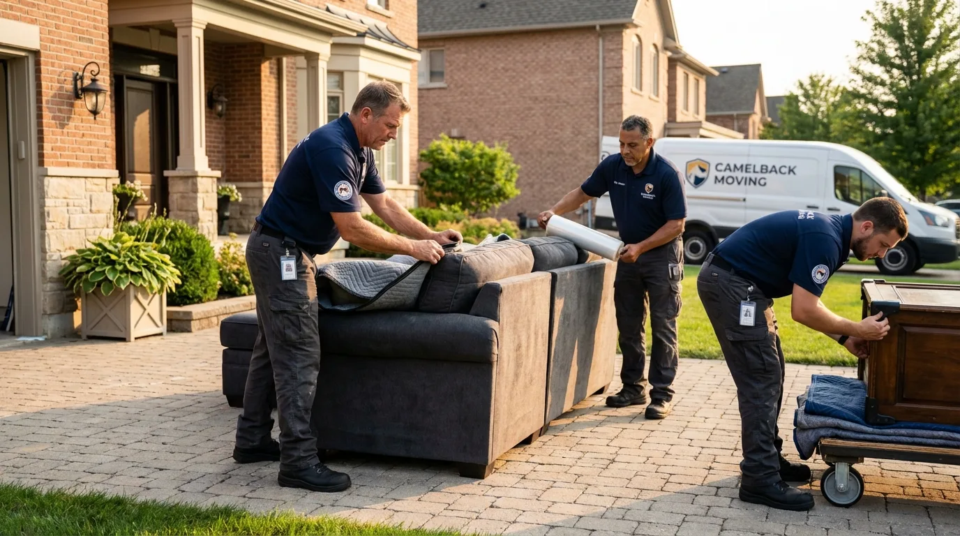 Large estate moving crew wrapping furniture in Woburn, MA