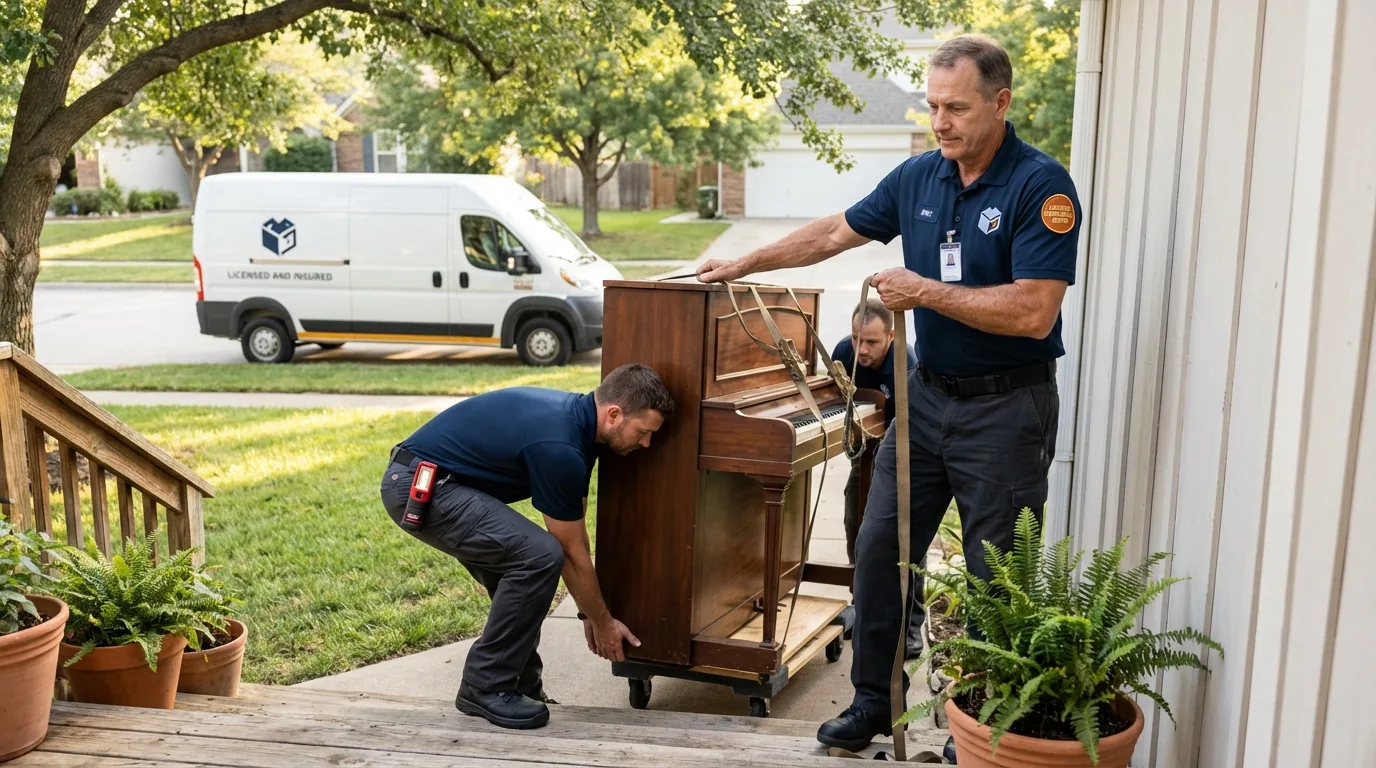 Licensed piano movers securing grand piano in Woburn, MA
