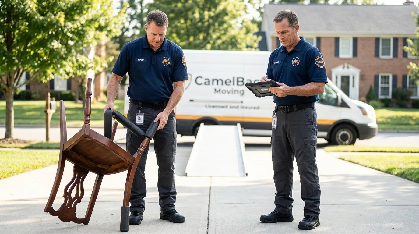 Movers inspecting furniture for damage prevention before loading in Woburn, MA
