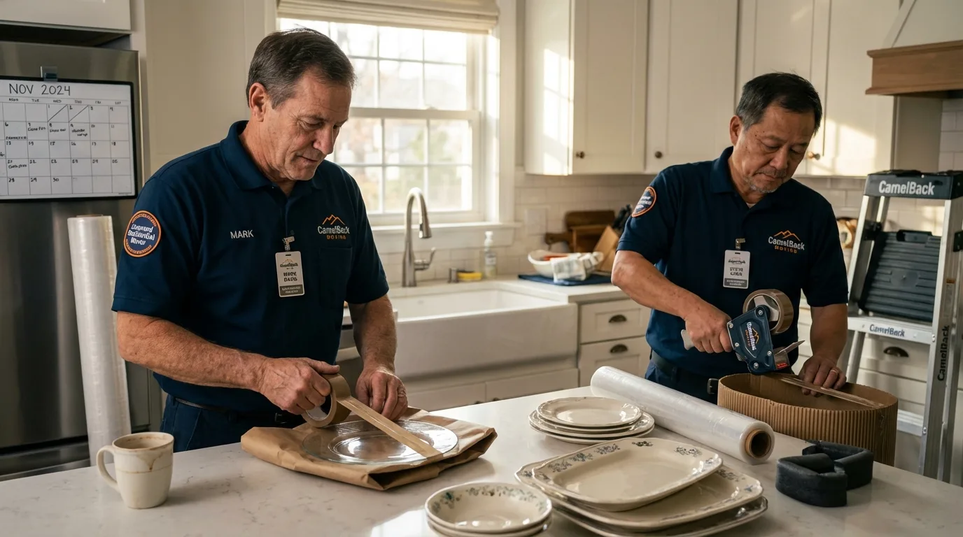 Professional crew packing kitchen dishware in Woburn, MA
